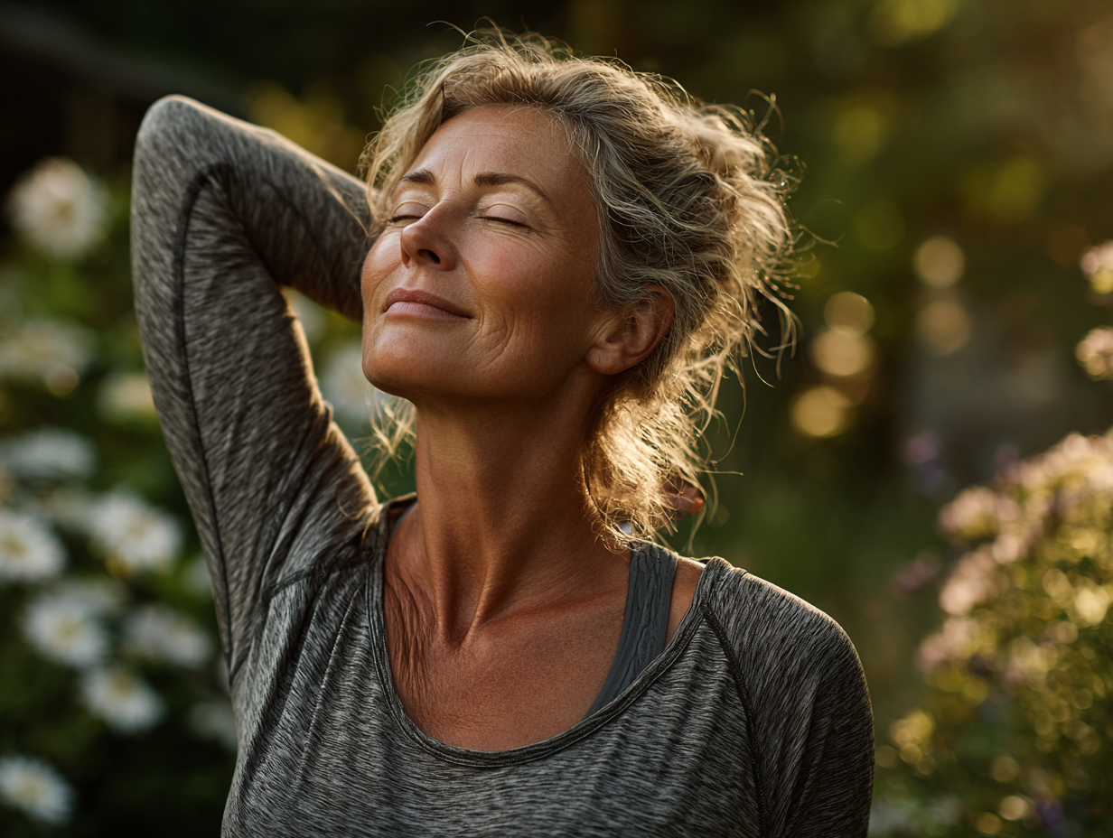 Група людей зрілого віку займається йогою на свіжому повітрі
